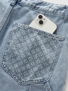 ROMWE MEN Street Life Men's Contrast Color Pocket Casual Cargo Denim Shorts - Blue - View 5