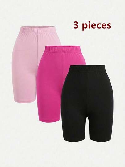 SHEIN Sparklyn Set de 3 pantalones cortos negros para adolescentes, leggings de moda casual, ropa formal para niñas, adecuado para la temporada de bodas y estilo lindo, con decoración floral/parcial