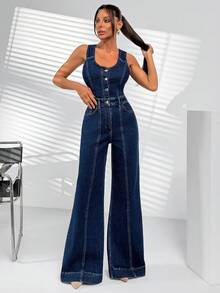 SHEIN Women Wide Leg Front Button Washed Fashionable Overall Denim Long Jumpsuit - Light Wash - View 3