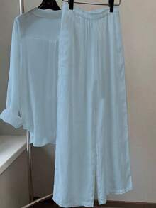 Franclia New Vintage Casual Linen Loose Drawstring Long Sleeve Solid Color Horse Embroidery Straight Leg Pants Women 2 Pieces Set - Blue - View 2