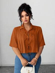 Elenzga Áo sơ mi nữ cỡ lớn đơn giản, màu trơn, thắt nơ phía trước, dáng ngắn, thanh lịch, thích hợp cho mùa hè. - Màu Cam san hô - Xem 6