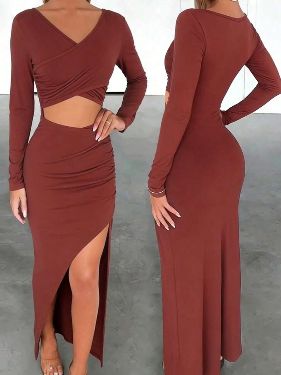 INAWLY Solva Women's Long Sleeve Hollow Out Design Slit Dress Party Night Rust Brown Autumn - Red - View 1
