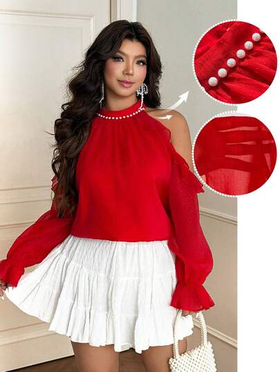 Roveilla Plus Size Women's Halter Neck Cold Shoulder Long Sleeve Blouse With Ruffle Hem And Pearl Decor, Red