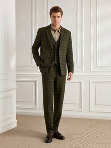 Officeau Bộ vest nam 3 món kẻ caro ôm vừa vặn, cài hai hàng khuy: Áo khoác, Áo vest và Quần, Thích hợp cho Tiệc tùng, Đám cưới - màu xanh lá - Xem 1