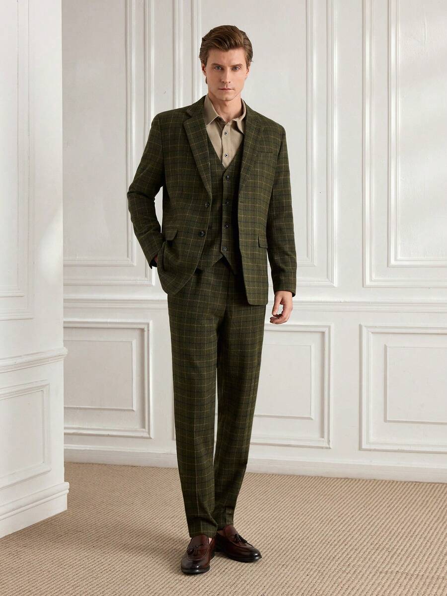 Officeau Bộ vest nam 3 món kẻ caro ôm vừa vặn, cài hai hàng khuy: Áo khoác, Áo vest và Quần, Thích hợp cho Tiệc tùng, Đám cưới - màu xanh lá - Xem 1
