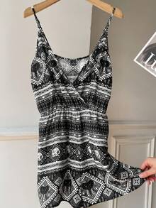 SHEIN EZwear Mono casual de vacaciones con estampado geométrico y drapeado para mujer - Negro - Ver 7