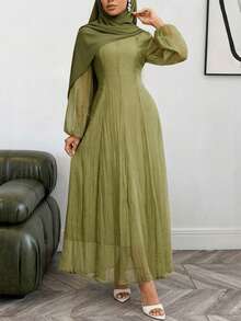 优雅的 3/4 袖高领褶饰腰部褶饰迷你连衣裙，百搭 - 紫色 - 查看 3