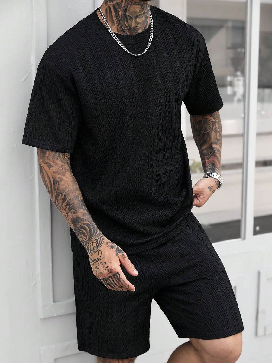 Manfinity CasualCool 男士休闲度假短袖T恤套装,户外旅行度假必备,送给家人、朋友和男友的绝佳礼物 - 黑色 - 查看 1