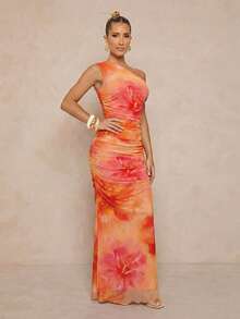 Lumalex 女士优雅性感紫色双层网纱不对称肩部金属扣装饰修身鱼尾连衣裙，春夏款 - 紫色 - 查看 4