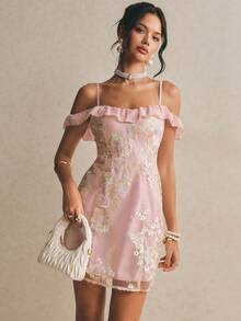 Poéselle Đầm hoa nhí lãng mạn kiểu Pháp, chân váy ôm eo ngọt ngào, quyến rũ và gợi cảm. - Hồng - Xem 7