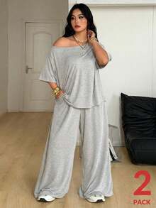 Coolane 女士大码春夏简约街头风日常休闲运动舒适露肩T恤和阔腿运动裤两件套 - 淺灰色 - 查看 3