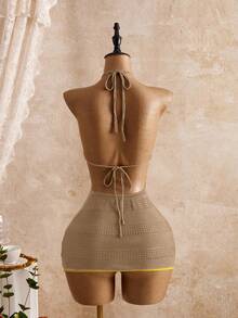 Bellisia Women's Floral Applique Hollow Out Neck Tie Dress Cover Up - Khaki - View 2