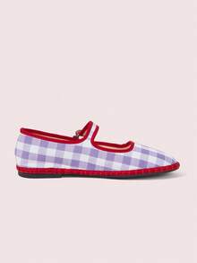 CUCCOO DOLLMOD Women's Shoes Classic Blue Plaid Contrasting Edge Single Strap Flats - white purple - View 3