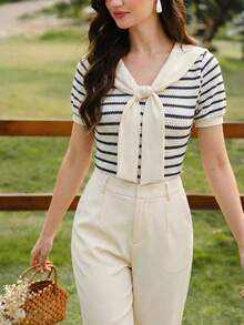Vintamour 女款復古優雅海軍藍夏季襯衫，水手領條紋前綁帶上衣，航海風休閒早午餐度假與辦公穿搭 - 藍白色 - 查看 5