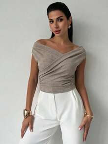 Firerie 女士新款花卉网眼针织罗纹设计独特V领无袖背心，新款褶裥收腰显瘦上衣，重叠V领上衣，褶裥收腰上衣，优雅通勤装，春/秋/冬，优雅，通勤，休闲，日常，简约，工作 - 卡其色 - 查看 2