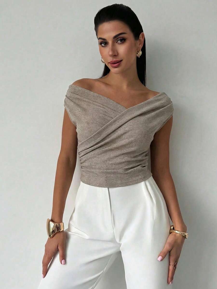 Firerie 女士新款花卉网眼针织罗纹设计独特V领无袖背心，新款褶裥收腰显瘦上衣，重叠V领上衣，褶裥收腰上衣，优雅通勤装，春/秋/冬，优雅，通勤，休闲，日常，简约，工作