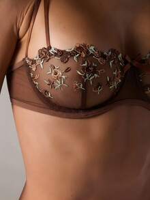 SHEIN BAE Bộ đồ lót lưới thêu hoa lãng mạn dễ thương gợi cảm cho nữ 2 món - Cà phê nâu - Xem 3