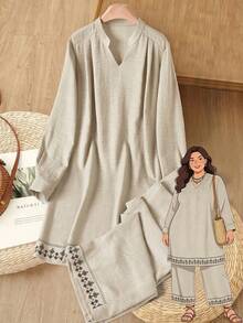Rusticease Plus Size Elegant Notched Neck Long Sleeve Loose Top And Pants 2 Pieces Set, Spring - Apricot - View 3