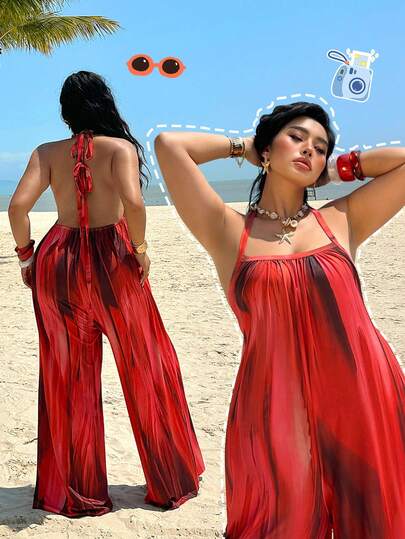 Sunnyshic Bộ áo liền quần mùa hè dáng rộng mới dành cho nữ cỡ lớn, kiểu cổ yếm, hở lưng, dáng dài, in họa tiết, phong cách phương Tây, thích hợp cho kỳ nghỉ.