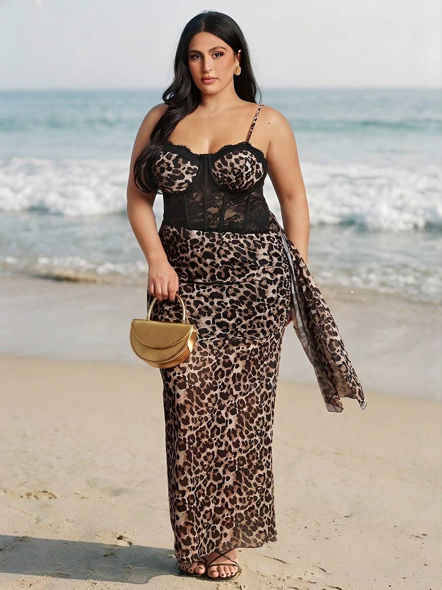 SHEIN BAE 大码女式豹纹撞色蕾丝吊带束身连衣裙