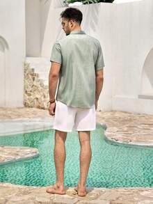Mercer Haus 2pcs Set Men Green Short Sleeve Shirt & White Shorts With Pocket , Suitable For Summer Tropical Holiday Vacation In Hawaii. - Green - View 2