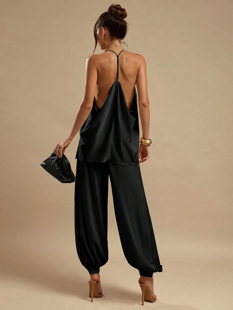 SHEIN BAE 女士缎面优雅灯笼裤，姜黄色，修身款，适合外出、早午餐、夏季、婚礼、蜜月、海滩度假等场合。 - 黑色 - 查看 1