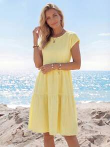 Sylviya 女士休闲纹理娃娃裙，黄色，适合海滩度假、夏季女装、夏季连衣裙、海滩装、休闲连衣裙、度假装、夏季假日装、假日连衣裙、乡村风女装、黄色连衣裙、太阳裙、邮轮装、波西米亚风女装、飘逸连衣裙 - 黃色 - 查看 5