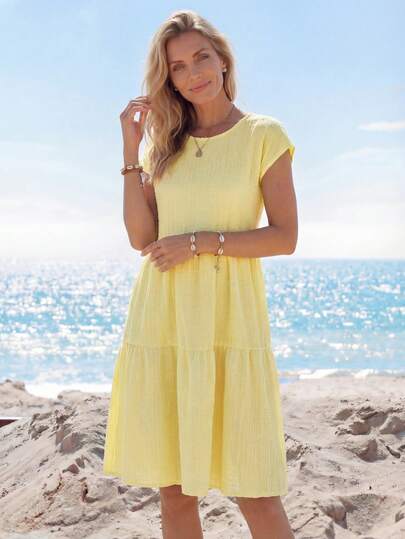 Sylviya Women's Casual Textured Babydoll Dress,Yellow Summer Vacation Holiday Outfits,Beach Sun Dresses,Boho Flowy Country Clothing,Cruise Outfits For Women