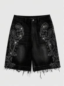 ROMWE MEN Quần short denim nam thêu hoa điều - màu đen - Xem 1