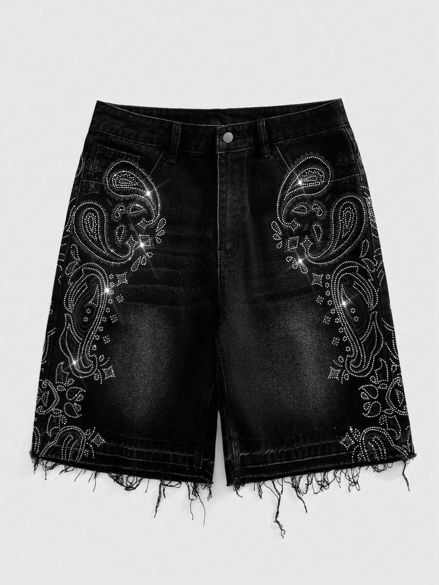 ROMWE MEN Quần short denim nam thêu hoa điều - màu đen - Xem 1