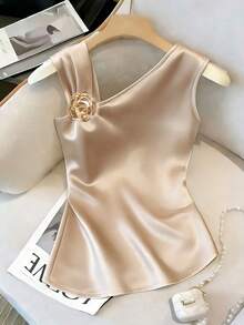 Franclia 女士优雅金属装饰不对称领口吊带背心，夏季必备 - 杏色 - 查看 1