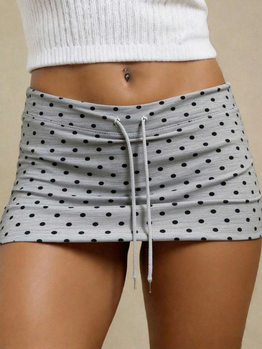 Rina Fox Pantalones cortos casuales básicos de mujer con cordón y estampado de lunares de cintura baja - Gris - Ver 1