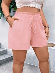 EMERY ROSE Plus Size Pink Textured Casual Shorts, Ruffle Elastic Waist Drawstring Pocket Loose Hot Pants For Summer Vacation Beach - Pink - View 3