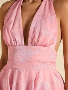 SHEIN BAE Spring/Summer Women's Pink Floral Jacquard Deep V Ruffle Hem Mini Dress, Pink Dress, Elegant Dress, Vacation Dress, Bridesmaid Dress, Birthday Party Dress, Back To School/Graduation Dress - Pink - View 6