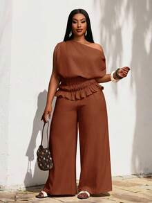 Veslaya Bộ trang phục 2 mảnh cao cấp màu mơ thanh lịch gồm áo không tay cổ lệch eo và quần ống rộng - Gỗ đỏ - Xem 6