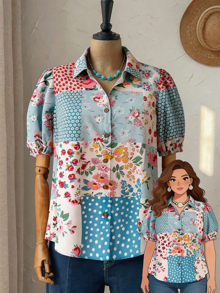 Plus Size Casual Polka Dot & Ditsy Floral Petal Sleeve Shirt Summer Tops Summer Outfits Summer Clothes  Spring  Spring Outfit Women Spring Clothes Country Style For Women Vacation Outfits Women  Floral Tops Beach Outfits For Women  Beach Vacation Outfits For Women  Seaside Retro Mannequin Window Display