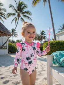 SHEIN Mono de una pieza con estampado de flamencos y palmeras, de manga larga con cremallera al frente, para bebé niña, casual para vacaciones en la playa - Rosa - Ver 1