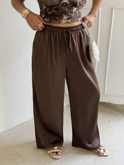 GalTyme Quần ống rộng dáng suông màu trơn dành cho nữ cỡ lớn, có dây rút ở eo.