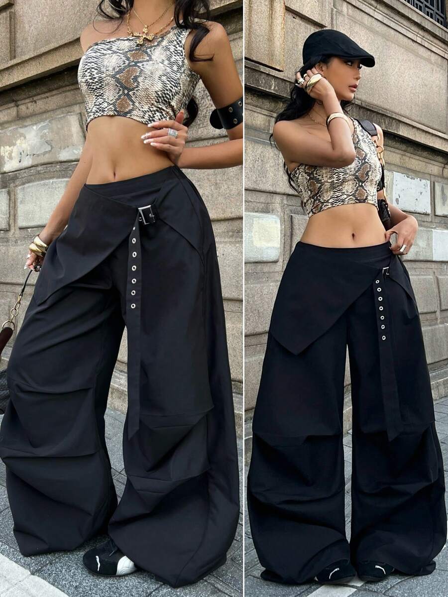 Coolane Women's Summer Streetwear Casual Sport Daily Wear  Game Day Grommet Eyelet Decoration Baggy Low Rise Black Parachute Pants Pallazo Pants Women - Black - View 1