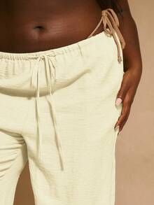 MUSERA Plus Size Mid Rise Wide Leg Drawstring Waist Trousers Vacation Beachwear Elegant Holiday Cute Summer Spring Party - Cream - View 5