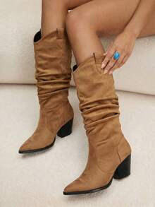 Daringsoles Giày bốt nữ mũi nhọn, kiểu dáng đa năng, cao đến giữa bắp chân, thích hợp mang hàng ngày. - màu nâu - Xem 1