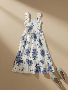 SHEIN Đầm chữ A cổ vuông, tay loe và viền bèo nhún cho bé gái tuổi teen, thích hợp cho kỳ nghỉ hè. - Xanh và trắng - Xem 4