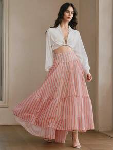 Anewsta Chân váy midi dáng rộng, phối sọc, vạt bất đối xứng, phong cách nghỉ hè Bohemian. - Màu Hồng  San hô - Xem 6