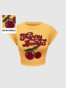 ROMWE Kawaii 可爱纯真的学院风樱桃刺绣高领灯笼袖女式毛衣 - 黃色 - 查看 5