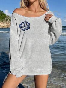 SHEIN EZwear Áo sweatshirt nữ tay dài dáng rộng màu xám nhạt, hở vai, họa tiết hoa dâm bụt 3D - Phong cách retro thường ngày, hoàn hảo cho bãi biển, lễ hội âm nhạc, kỳ nghỉ, trang phục mùa xuân và thu của các cô gái Miami, áo mùa hè. - Màu Xám nhạt - Xem 4