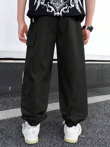 SHEIN Tween Boys' Casual Comfortable Elastic Waist Loose Solid Color Woven Pants - Black - View 2