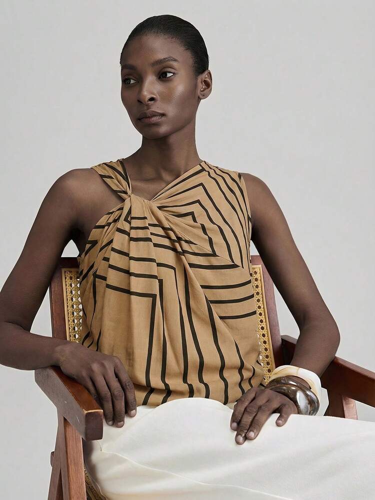 2026SS New Summer Women's Vest, Woven Fabric Loose Fit, Twist Design Asymmetric Asymmetrical, Modern Urban Style, Minimalist Comfortable, Printed Material, Brown Top, Daily Wear, Commute Casual, Vacation, Tea Party, Vintage Fashion Versatile Women's Vest