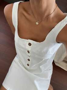 DAZY Đầm denim ngắn không tay cổ vuông mùa hè dành cho nữ, kiểu dáng thường ngày. - trắng - Xem 6