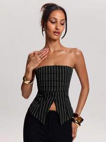 SHEIN BAE Áo ống in họa tiết sọc thời trang nữ - màu đen - Xem 3