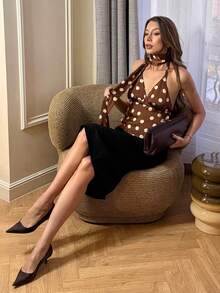 Pariaura Women's Sexy Polka Dot Print Backless Halter Top, Summer - Brown - View 5